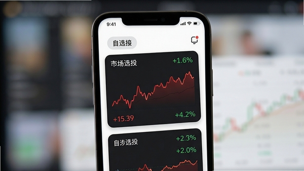 市场魔方行情功能展示图,手机屏幕内显示多个自选股卡片,红绿色涨跌数据清晰,背景虚化处理,突出卡片上的价格波动曲线和百分比数字,风格写实清晰