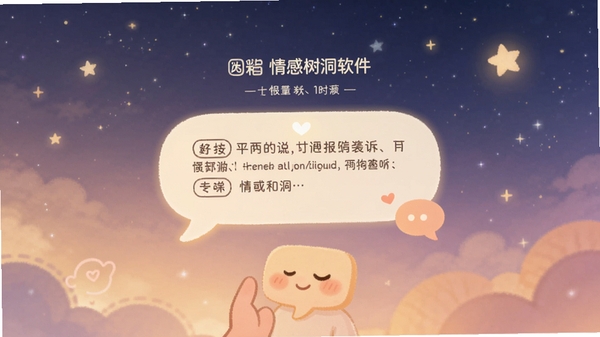 情感树洞软件主界面预览图,画面中心是一个温馨的对话框,背景是柔和渐变的夜空与星辰,整体色调温暖治愈,突出倾诉与倾听的氛围