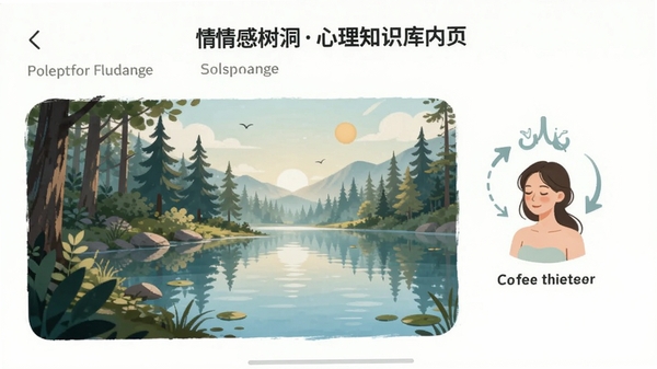 情感树洞心理知识库内页,展示一篇关于缓解焦虑的文章,配图是宁静的森林湖泊插画,旁边有呼吸练习的引导动画示意