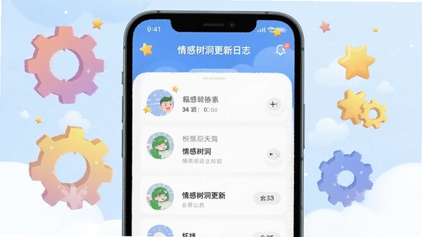 情感树洞更新日志示意图,画面是一个手机屏幕展示应用更新界面,背景有齿轮和星星元素,风格简洁明快