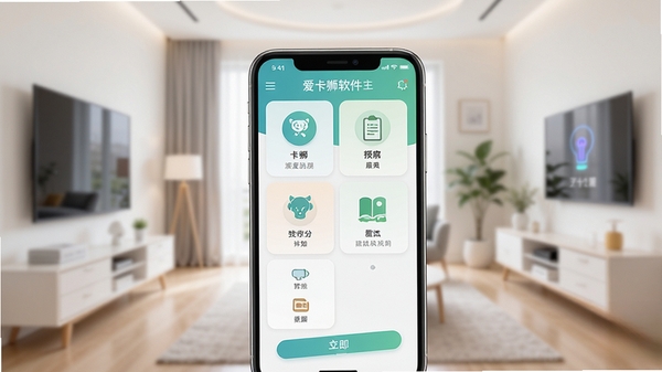 爱卡狮软件主界面预览图,展示其简洁的功能布局和清新的色彩搭配,背景为虚化的现代智能家居环境,前景突出手机屏幕上的软件操作界面,整体风格明亮干净