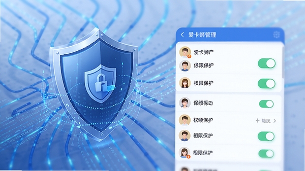 爱卡狮应用权限管理功能的操作预览,界面显示各个应用的权限列表和开关状态,背景为盾牌与数据流交织的抽象图案,强调隐私保护特性