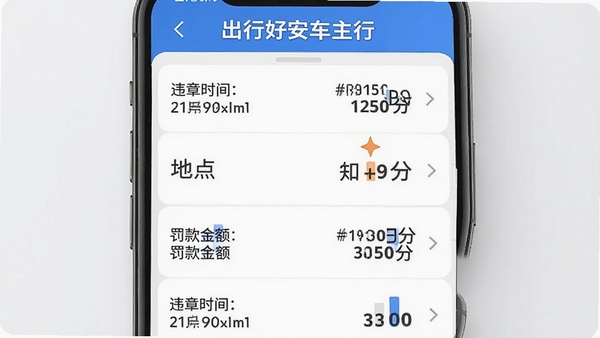 出行好安车主行应用内的违章查询结果页面,页面以列表形式清晰展示违章时间、地点、罚款金额与扣分情况,背景为手机局部特写,界面设计简洁直观,数据字体醒目,强调信息的准确与全面