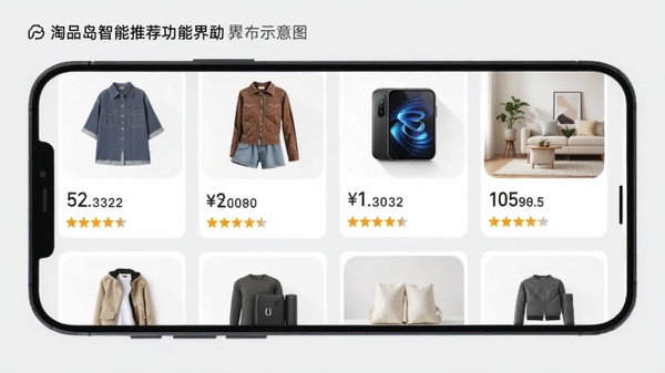 淘品岛智能推荐功能界面示意图,画面展示手机屏幕中个性化商品列表,包含服饰、数码、家居等品类,每个商品卡片清晰显示价格和评分,背景为浅灰色,突出数据算法驱动的个性化体验