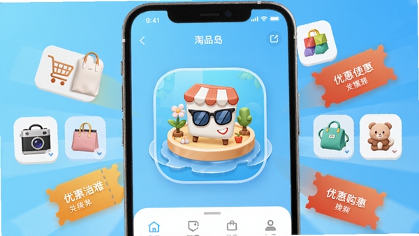 淘品岛软件主界面展示,画面中央显示一个时尚的购物岛图标,周围环绕着各类商品图标和优惠券元素,背景为清新的渐变蓝色,整体风格明亮现代,突出移动购物便捷感