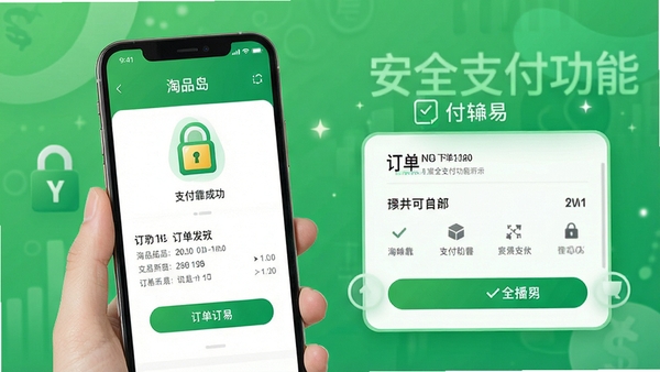 淘品岛安全支付功能示意,画面展示手机支付成功页面,带有锁形安全图标和订单详情,背景为绿色系,传达安全可靠的交易环境