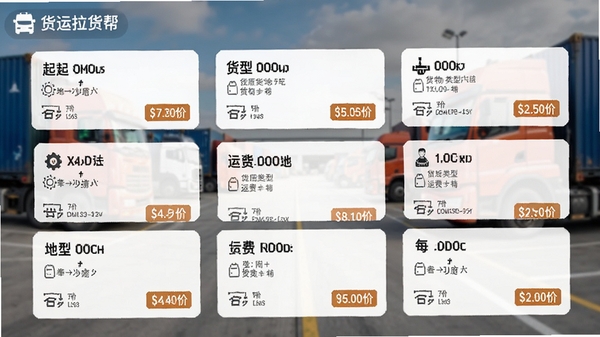 货运拉货帮货源列表页面,屏幕上显示多条货源卡片,包含起止地、货物类型、运费价格,背景为模糊的货运停车场,卡片设计简洁,信息清晰,突出货运拉货帮App的实用功能
