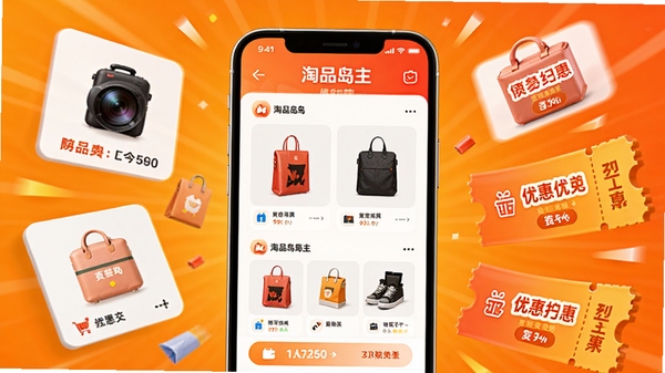 淘品岛主视觉图,画面中心为手机屏幕展示购物界面,周围悬浮商品卡片与优惠券元素,背景采用暖橙色渐变,突出平台的热闹与实惠感,整体风格明亮活泼,适配电商App宣传场景。