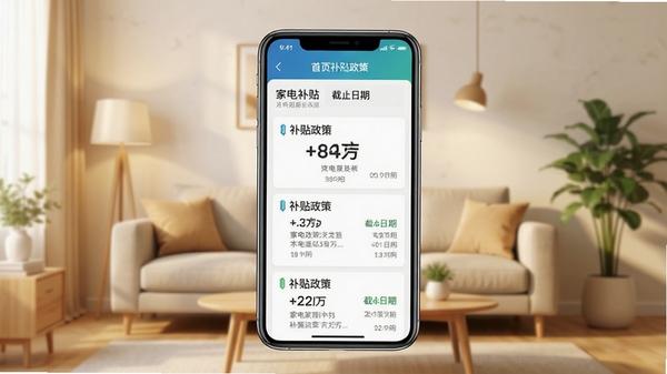 家电补贴优惠软件主界面截图,展示首页补贴政策列表,背景为简约家居客厅场景,暖色调,手机屏幕居中,界面清晰显示补贴金额与截止日期,画面明亮,细节丰富,产品渲染风格