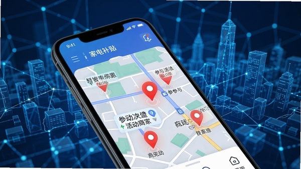 家电补贴优惠应用内城市定位功能演示,手机地图界面显示周边参与活动商家门店坐标,红色标记点突出,背景为抽象数字城市网络,科技感蓝色调,界面UI设计现代,高精度产品展示