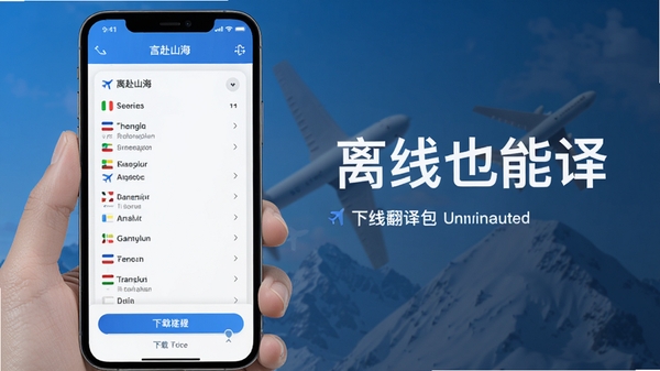 言赴山海翻译离线翻译包下载页面,显示多国语言列表和下载进度条,模拟手机在飞行模式下仍能翻译的场景,配以“离线也能译”的标语,整体风格明亮清晰