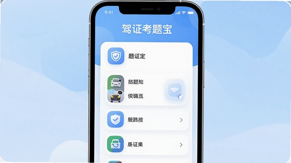 驾证考题宝App主界面预览图,手机屏幕中央展示题库分类列表,背景为浅蓝色渐变,界面简洁清晰,图标圆润,整体风格现代且友好,画面中突出显示驾证考题宝字样
