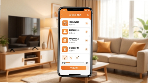 手机界面展示家电补贴优惠软件主页,背景是温馨的客厅家电场景,画面中央是一部大屏智能手机,屏幕内清晰显示补贴政策列表和申请进度条,色调以暖橙色和白色为主,整体风格写实且明亮,突出便民服务的主题。