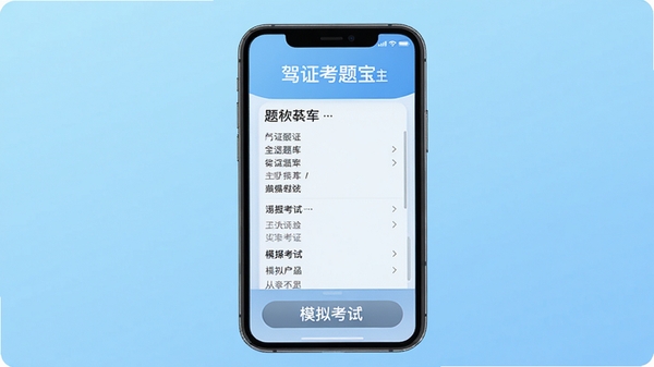 驾证考题宝主界面展示,手机屏幕中显示题库列表和模拟考试按钮,背景为浅蓝色渐变,界面简洁现代,突出软件名称和核心功能,画面清晰明亮,适合软件介绍场景