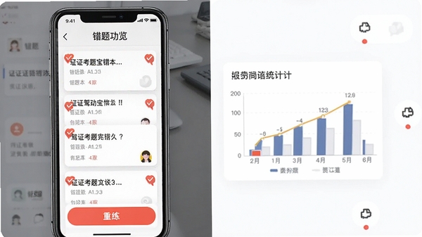 驾证考题宝错题本功能预览,手机界面显示错题列表和重练按钮,背景为白色,错题卡片带红色标记,旁边有统计图表,整体风格清爽直观