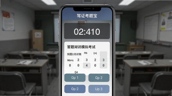 驾证考题宝模拟考试界面,手机屏幕上显示倒计时和答题卡,题目下方有选项按钮,背景为模拟考场环境,色调偏灰,营造真实考试氛围