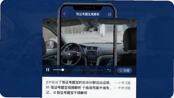 驾证考题宝视频解析界面,手机播放题目讲解视频,下方配有文字笔记,背景为深蓝色,突出视频画面,有播放进度条和收藏按钮,风格专业实用