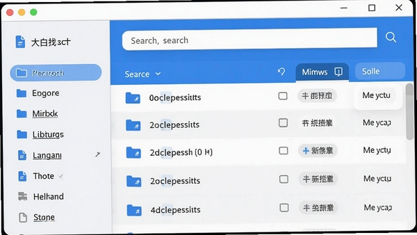 大白找找软件主界面预览图,一款电脑文件搜索工具,界面干净整洁,左侧分类栏,右侧搜索结果列表,上方搜索框,整体风格现代简约,蓝色主色调,高清渲染图