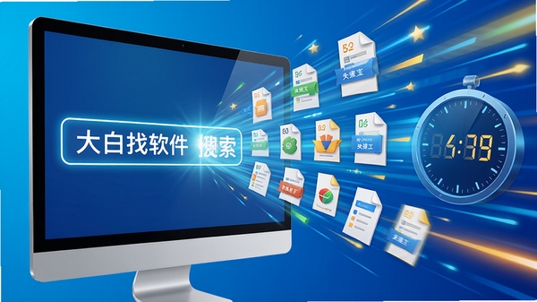 大白找找软件极速搜索功能示意图,画面中显示输入关键词后瞬间出现大量文件结果,背景有速度线条和计时器元素,体现快速高效,色彩明亮,风格写实