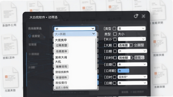 大白找找软件高级筛选功能展示图,界面中下拉菜单和条件选项丰富,展示按类型、大小、日期筛选的过程,背景有文件缩略图,风格专业清晰