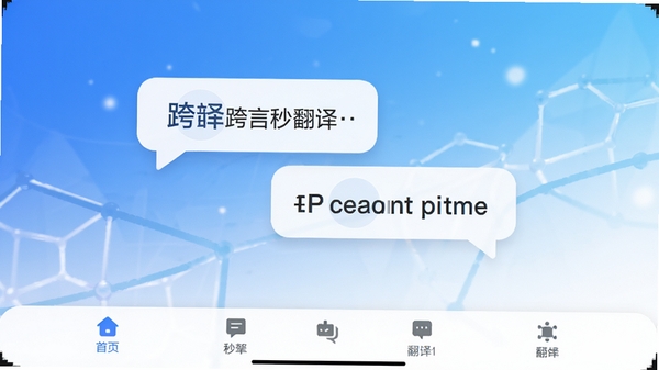 跨言秒通翻译主界面展示,画面中央显示中文与英文互译对话气泡,背景为渐变蓝白色调,底部为功能导航栏,整体风格简洁现代,突出翻译应用的核心场景