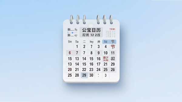 多宝日历主界面清爽展示,画面中心是一个设计简洁的桌面日历挂件,背景为淡雅的渐变蓝色,日历上清晰标注着公历日期与农历节气,界面四周有柔和的阴影效果,整体风格现代且干净,突出时间管理工具的实用性