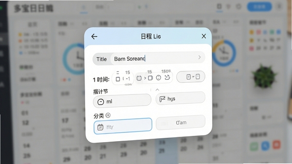 多宝日历日程编辑界面特写,画面展示一个弹出的日程创建窗口,包含标题、时间、提醒、分类等输入框,窗口设计圆润,背景虚化处理,突出前景的日程编辑功能,配色以浅色系为主,强调高效与专注