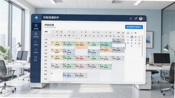 终极排课软件主界面预览图,展示清晰的课程表网格布局与功能导航栏,背景为现代化简约风格的教育办公室场景,整体色调明亮专业