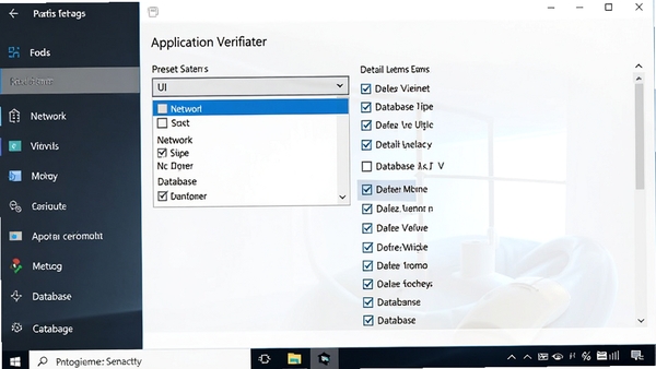 Application Verifier 配置界面,显示预设方案下拉菜单,包含UI、网络、数据库等分类,右侧为详细的测试项复选框列表,背景为Windows设置风格的窗口