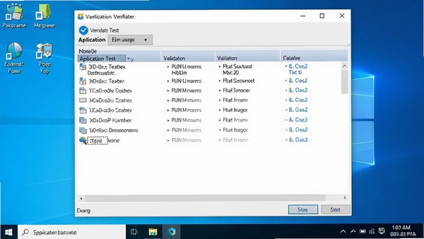 Application Verifier 主界面截图,显示多个验证测试项列表,背景为Windows 10系统桌面,界面清晰简洁,软件名称出现在窗口标题栏
