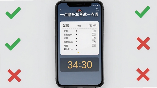 摩托车考试一点通模拟考试界面,显示答题卡和倒计时,屏幕上有摩托车考试一点通字样,背景为淡灰色,手机屏幕居中,四周有对勾和错叉图标,风格写实,光线柔和