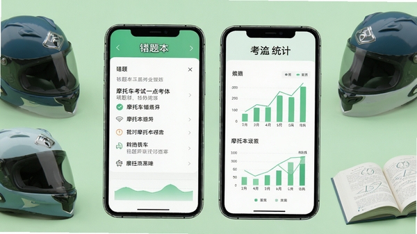 摩托车考试一点通功能展示图,手机屏幕内显示错题本和统计图表,背景为浅绿色,周围有摩托车头盔和书本元素,风格清新,高清渲染