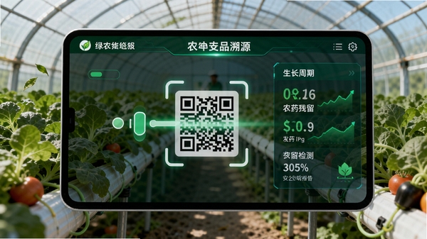 ��ũũ��Ʒ��Դ���ܽ��棬��Ļ��ʾɨ���ά�붯��������Ϊ�߲˴���ʵ������Ϣ���չʾ�������ڡ�ũҩ������ⱨ������ݣ�����Ƽ�������Ȼ�н�ϣ�ɫ��������ͻ����ȫ͸���ĺ������