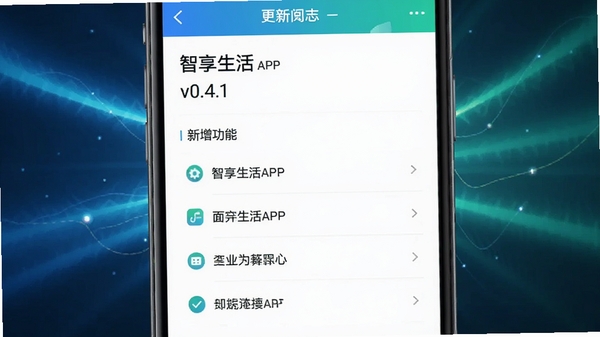 智享生活APP的更新日志页面截图风格,展示手机端系统更新界面,带有版本号v0.4.1和新增功能列表,背景为抽象的光影效果,色调以蓝色和绿色为主,体现科技感与可靠性