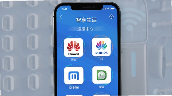 智享生活APP的智能设备添加页面,展示多种品牌图标如小米、华为、Philips等排列在手机屏幕上,背景为科技感蓝色渐变,突出设备兼容性和连接中心的概念,画面简洁专业