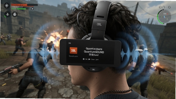JBL Quantum应用开启QuantumSOUND环绕声功能界面,耳机佩戴在玩家头部,周围有声波扩散效果,背景为游戏战场画面,突出空间定位感,风格写实