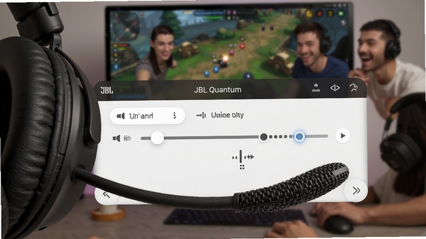 JBL Quantum应用语音聊天平衡调节界面,耳机麦克风特写,音量滑块与平衡条可视化,背景为多人游戏语音场景,界面简洁明了