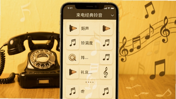 来电经典铃声主界面展示,手机屏幕显示丰富的铃声列表,背景为温馨复古风格,暖黄色调,有老式电话机与音乐符号元素,整体画面清晰明亮,突出铃声库的丰富与易用性