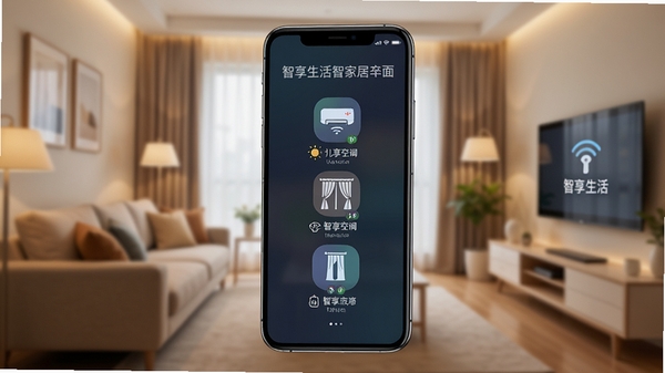 智享生活智能家居控制主界面,手机屏幕显示灯光、空调、窗帘等设备图标,背景是温馨的客厅环境,画面清晰,风格现代,包含智享生活字样