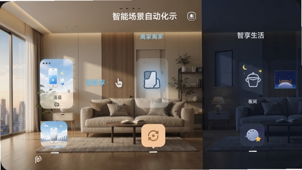 智享生活智能场景自动化示意图,展示清晨、离家、夜间三种模式切换,背景为现代公寓,光线柔和,包含智享生活界面元素