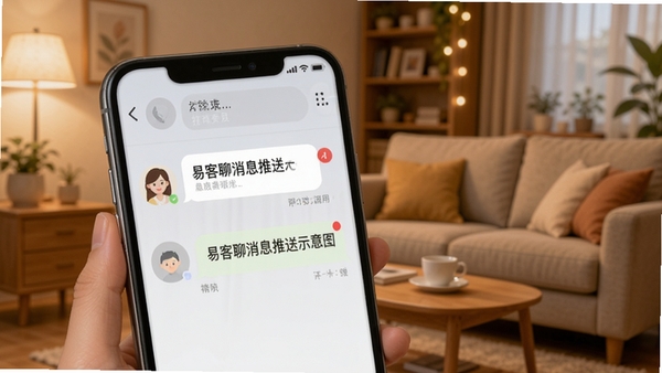 易客聊消息推送示意图,手机屏幕上显示好友发来的文字气泡和未读红点,背景为温馨的客厅场景,强调即时通讯的快捷与便利