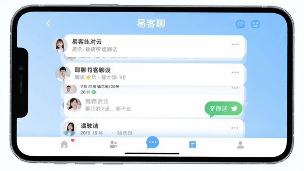 易客聊主界面预览图,展示对话列表与底部导航栏,背景为浅蓝色渐变,整体风格简洁明亮,突出聊天应用的社交属性
