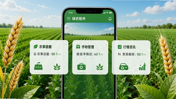 绿农软件主界面预览图,展示首页农事提醒、作物管理、行情资讯三大模块卡片,背景为翠绿农田与蓝天,画面明亮清晰,UI设计现代简洁,突出绿色农业主题,手机屏幕居中,周围有麦穗和绿叶元素点缀