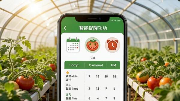 绿农软件智能提醒功能截图,手机界面显示番茄作物的浇水施肥时间表,背景为阳光下的蔬菜大棚,界面有日历和闹钟图标,色彩明亮,突出智能规划与精准管理