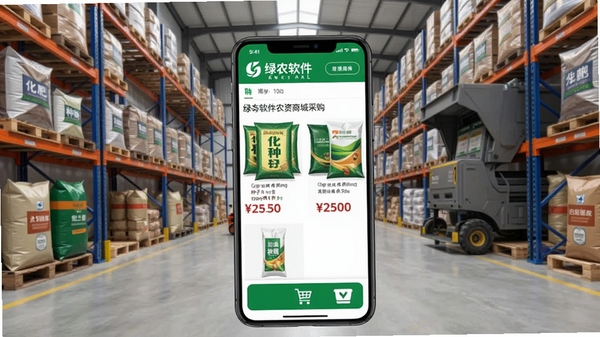 绿农软件农资商城页面,展示化肥、种子等商品列表,价格清晰,背景为现代化仓库,手机界面有购物车和支付图标,风格商务简洁,突出正品保障与便捷采购