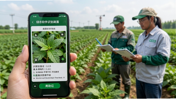 绿农软件病虫害识别功能演示,手机扫描叶片照片,屏幕显示识别结果与防治建议,背景为农田与农技人员,画面真实自然,突出科技助农场景