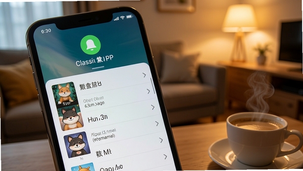 一张智能手机屏幕特写,屏幕占据画面大部分,界面显示来电经典铃声APP的歌曲列表,背景是温馨的客厅环境,暖色调灯光,手机旁有一杯咖啡,画面风格写实,光影柔和,突出软件主界面,整体呈现生活化场景