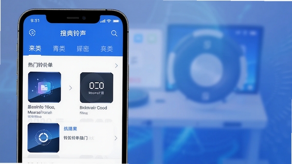 来电经典铃声APP的搜索界面截图,屏幕显示分类导航栏和热门铃声榜单,背景虚化处理,突出前景的手机屏幕内容,画面采用蓝白主色调,简洁清晰,富有科技感