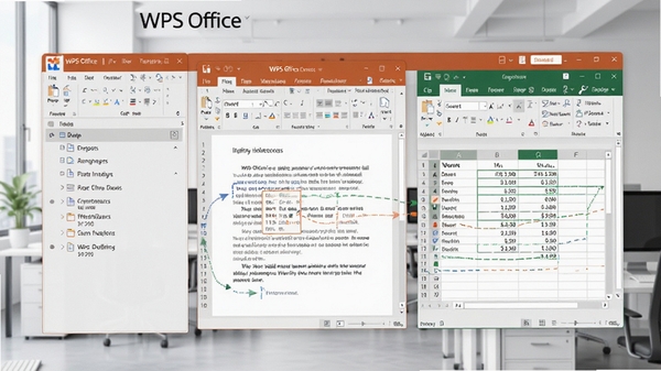 WPS Office多组件协作界面,左侧显示文档列表,右侧同时打开文字和表格窗口,展示数据联动效果,背景为干净的办公环境,色彩和谐,突出软件高效整合的特性