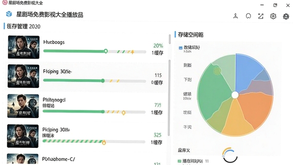 星剧场免费影视大全播放器缓存管理界面,显示多部影片下载进度条和已缓存列表,存储空间可视化图表,界面清爽直观